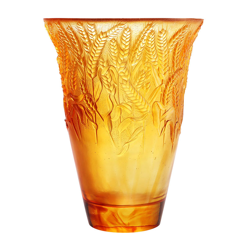 แจกันแก้วสีเหลืองอำพันพิมพ์ลายหูข้าวสาลี